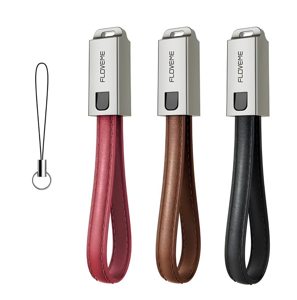 Leather wrapped iPhone charging cable with zinc alloy connector showing 20cm length