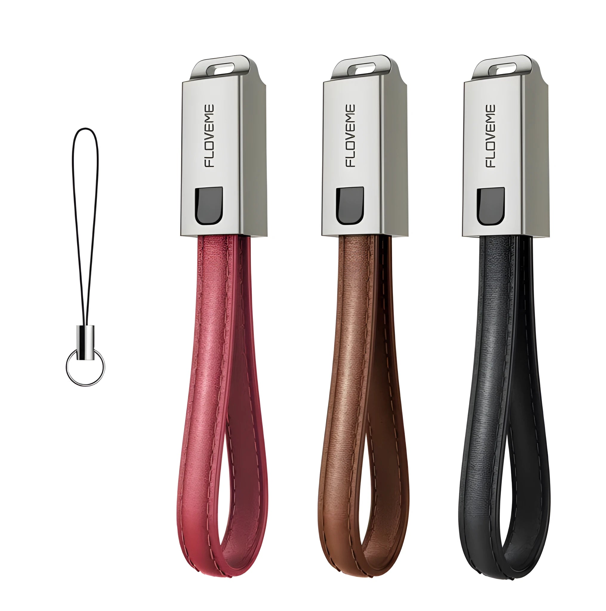 Leather wrapped iPhone charging cable with zinc alloy connector showing 20cm length