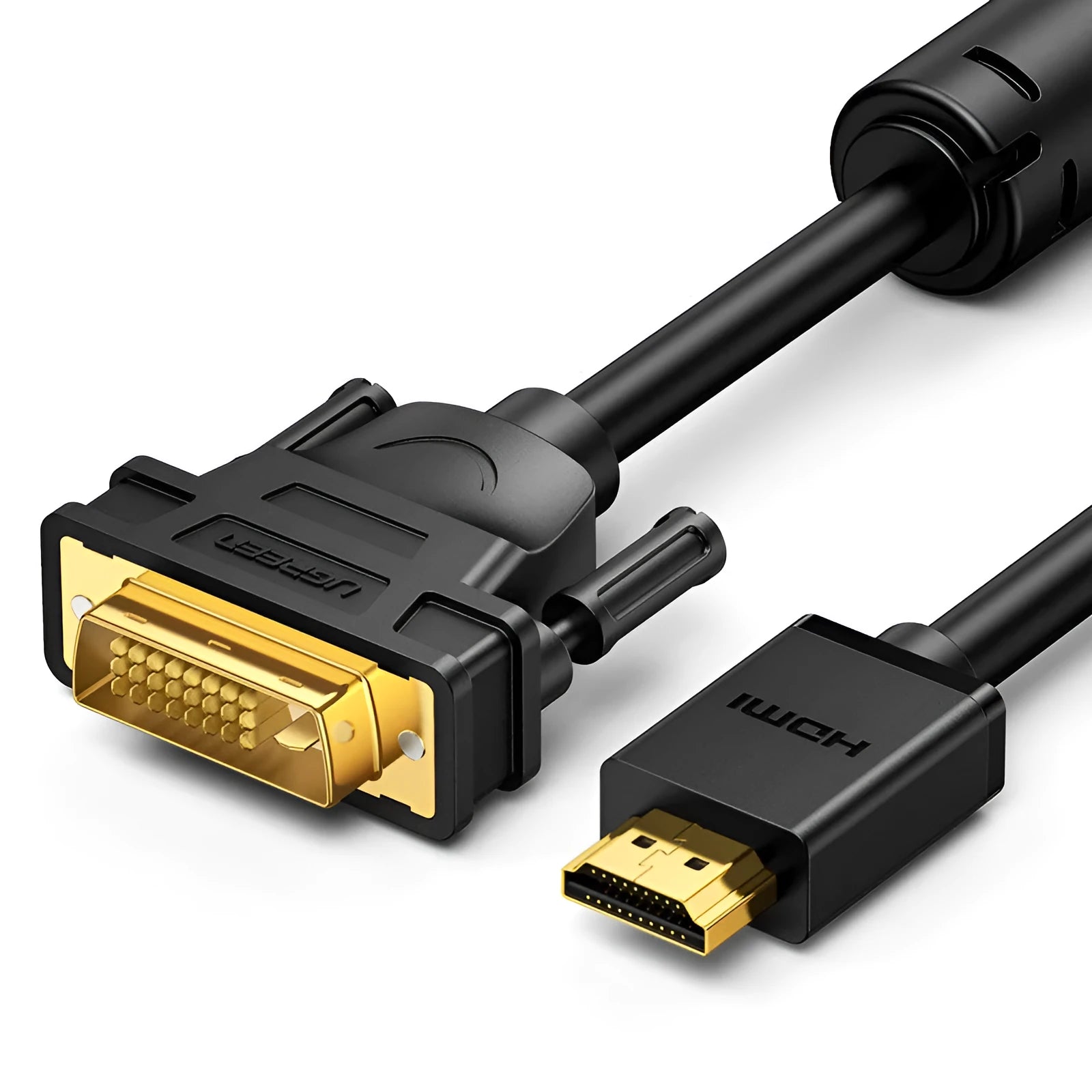 HDMI to VGA adapter cable with round black cabling and connector ends, available in four length options