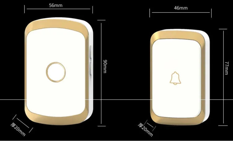 Wireless doorbell system with push-button transmitter and plug-in receiver unit showing 300m range and 36 melody options