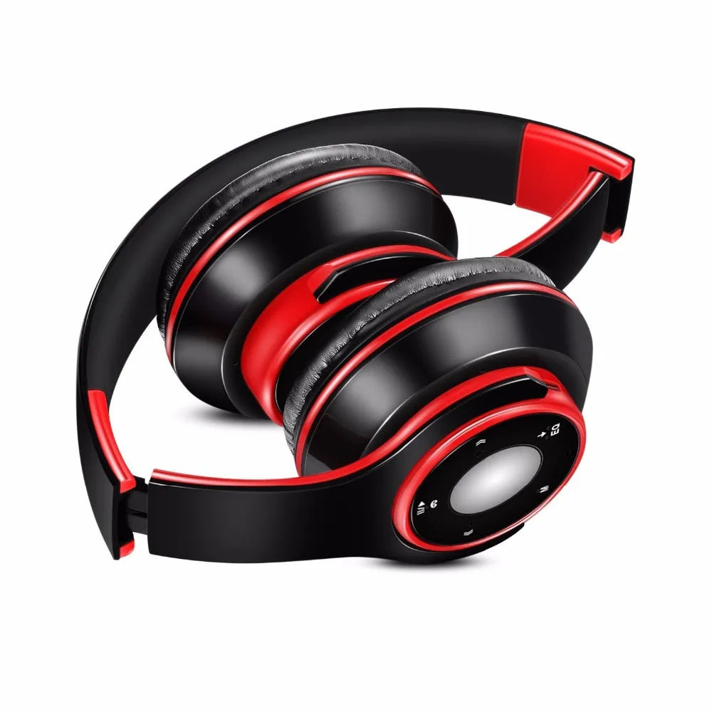 Blue, red, and rose red foldable wireless Bluetooth headset with adjustable hinges and MP3 support
