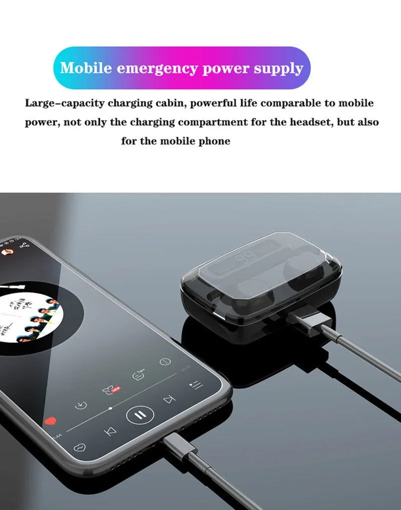 Black M11 style Bluetooth wireless headset with digital display and mobile phone holder.