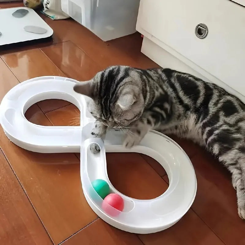 Blue rotating cat turntable toy with track ball and teasing stick measuring 50cm long