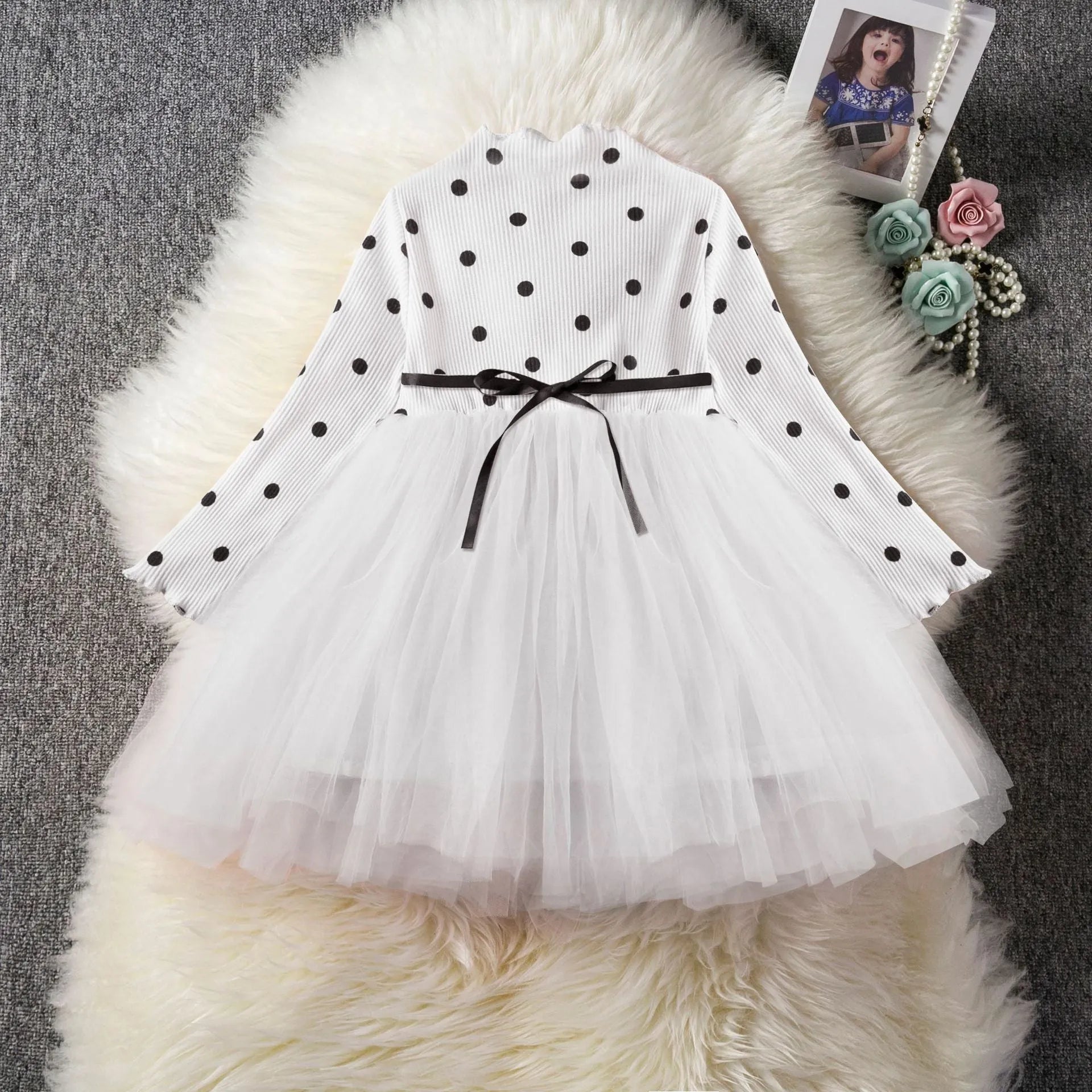 Baby girl's long sleeve lace tutu dress in black, pink or white for christenings and birthdays