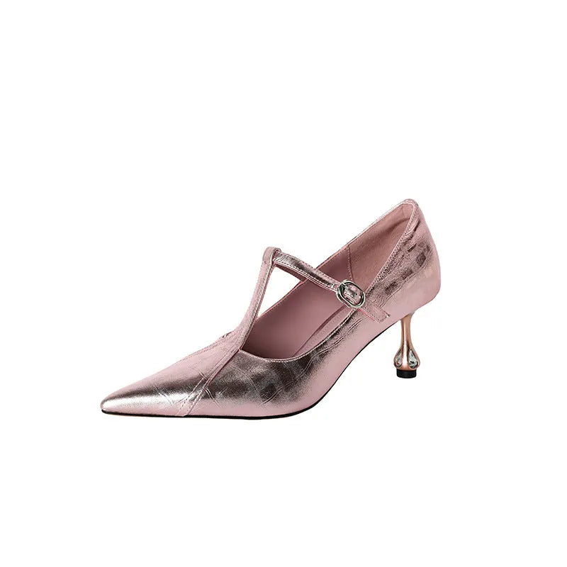 Women's gun colour genuine leather pointed-toe Mary Jane pumps with a chunky mid heel and sheepskin lining.