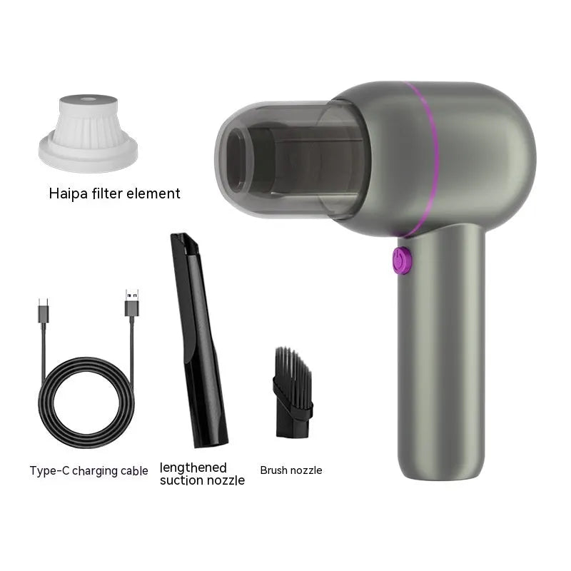 XC-06-grey portable car cleaner with rechargeable battery, brush nozzle and extended suction nozzle