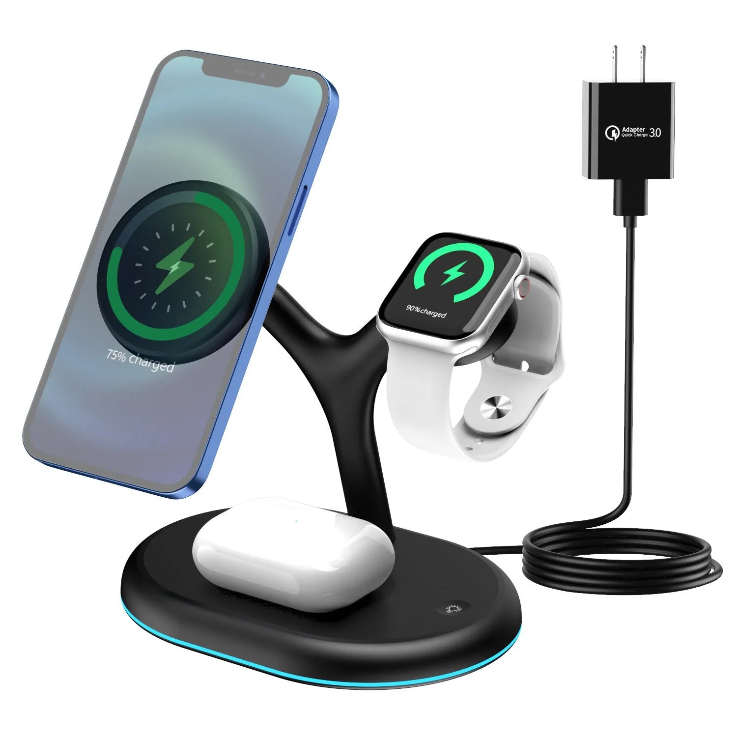Black three-in-one magnetic wireless charger with ABS plastic housing showing charging surface
