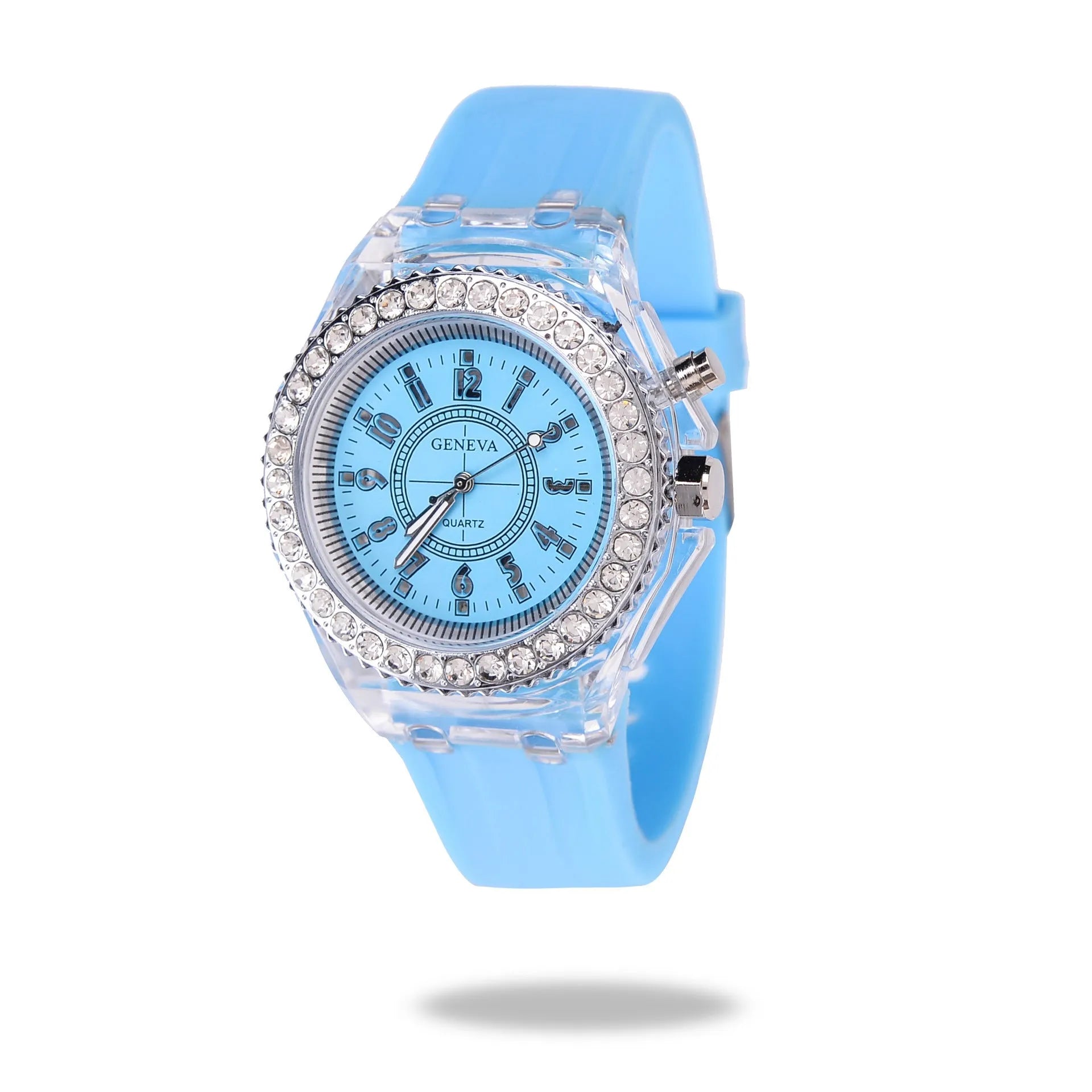 Women's LED luminous quartz watch with round 43mm alloy case and coloured silicone strap
