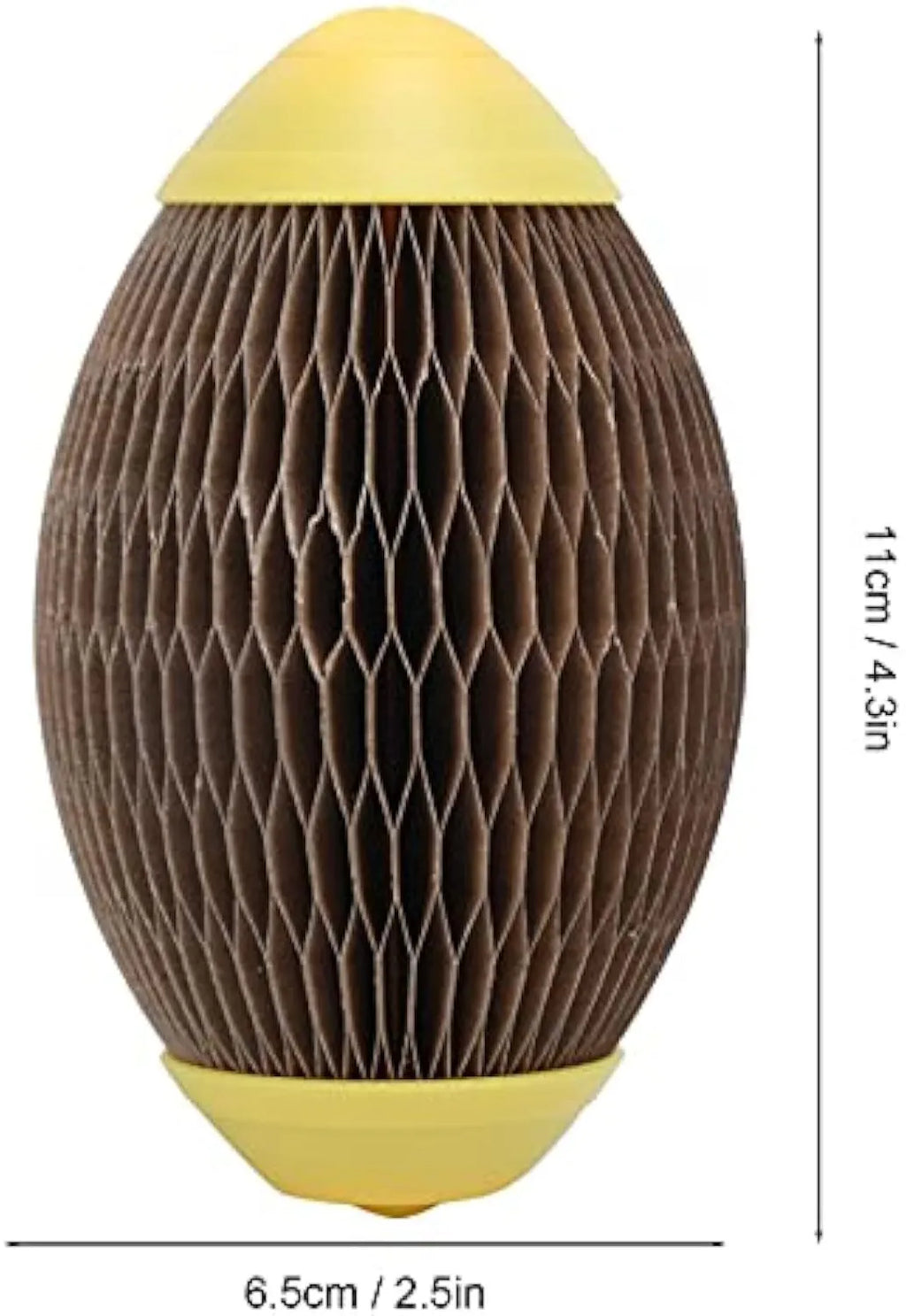 Elliptical corrugated paper cat toy ball with scratch surface for catnip insertion.