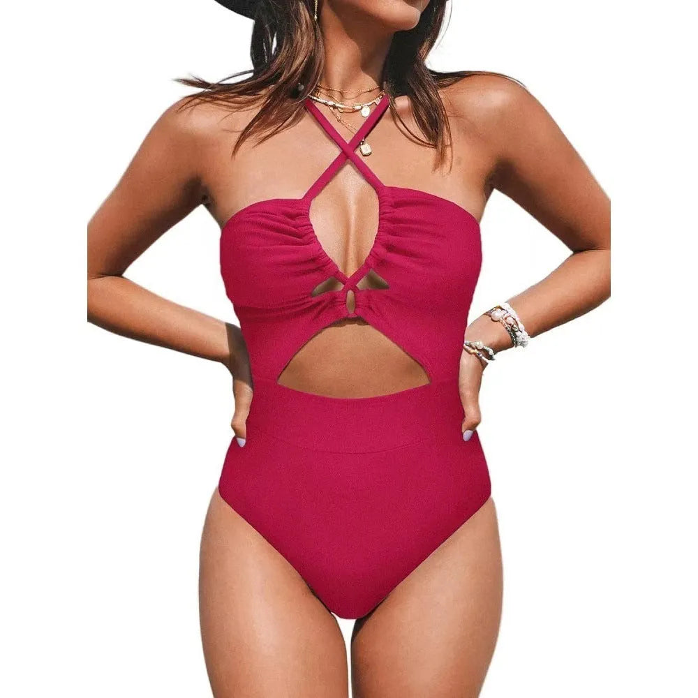Women's solid colour backless one-piece swimsuit on a hanger, showing high elasticity fabric.