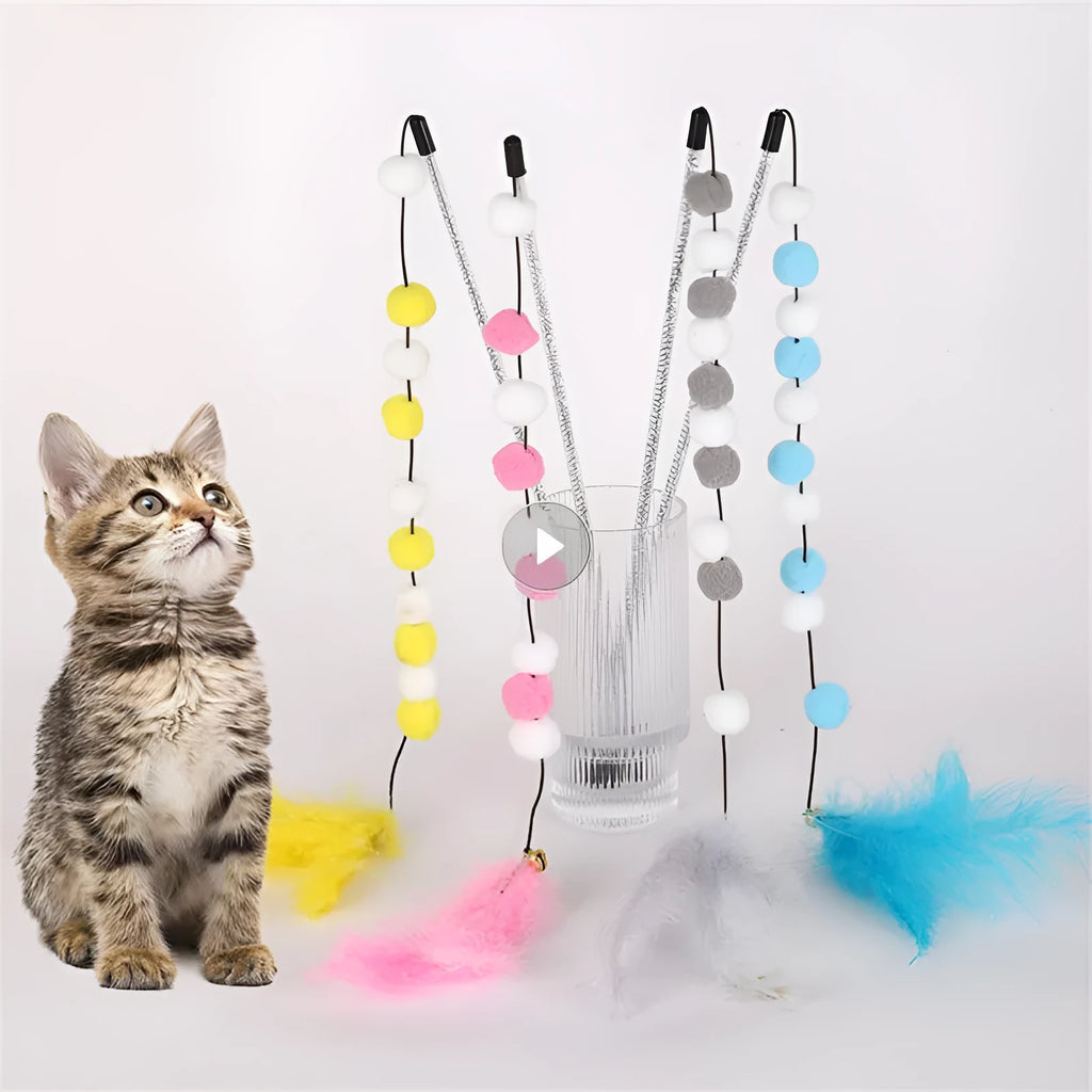 Set of four colourful cat teaser toy rods with feathers, pompons and bells.