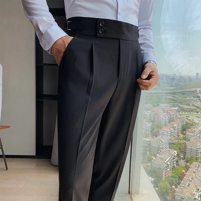 Straight-leg casual trousers in solid colour on hanger showing waistband and leg detail
