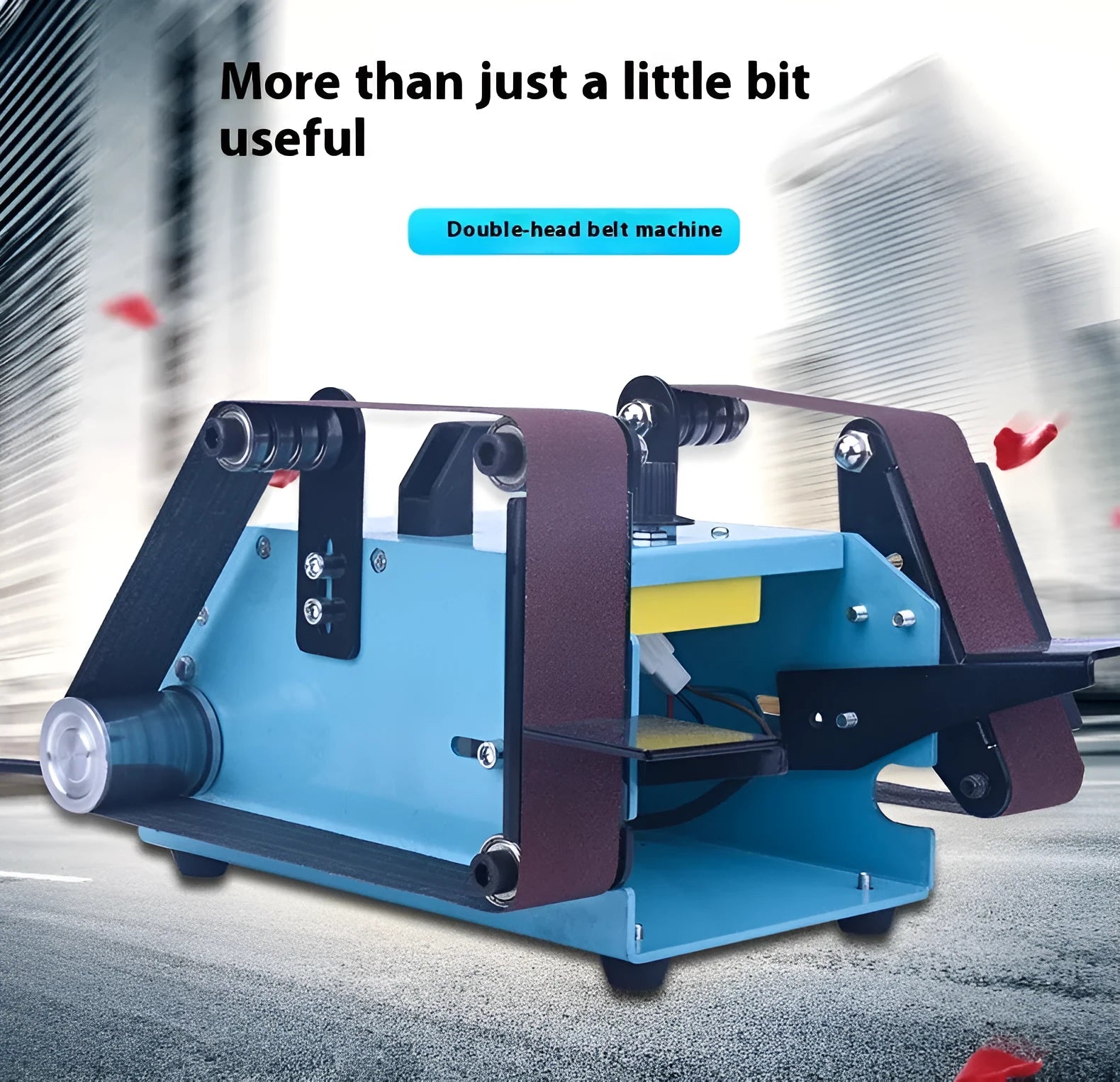 Blue desktop dual-axis belt sander with abrasive belt for knife sharpening