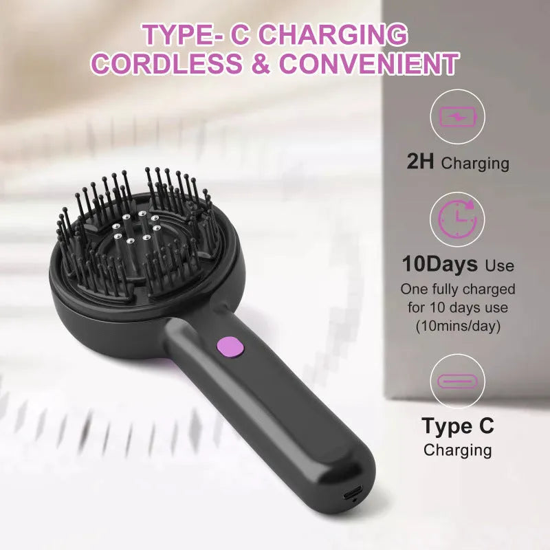 Grey head massage tingler with built-in hair brush, showing mechanical buttons and USB port.