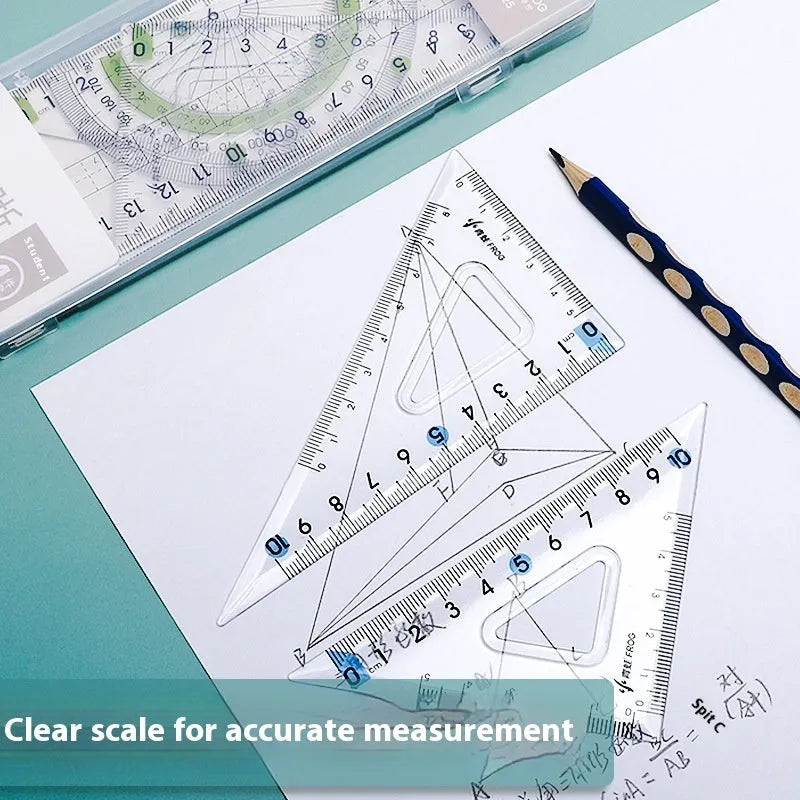 Transparent acrylic ruler set with square and protractor tools for drawing and geometry measurement