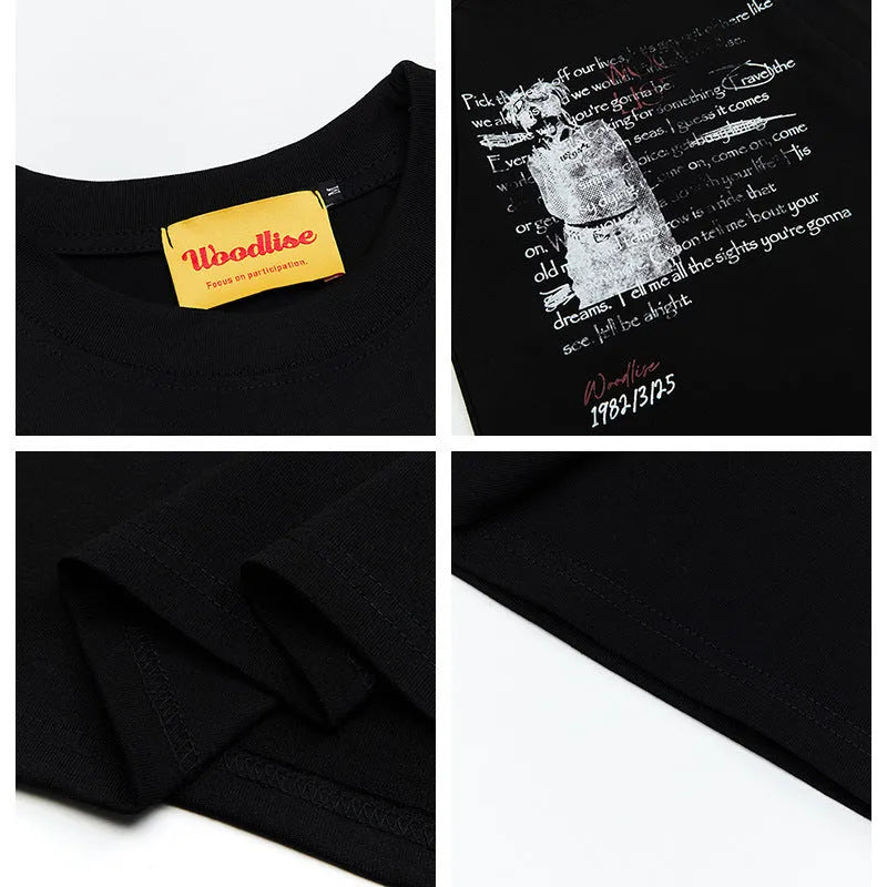 Men's black retro hip hop T-shirt with white letter printing and raglan sleeves