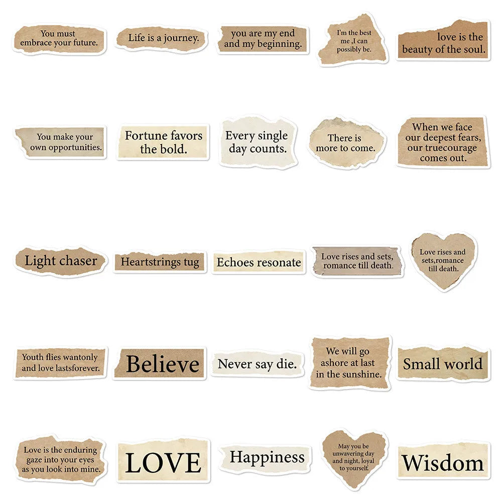 Pack of 25 waterproof PVC laptop stickers with tear English text design and repositionable adhesive