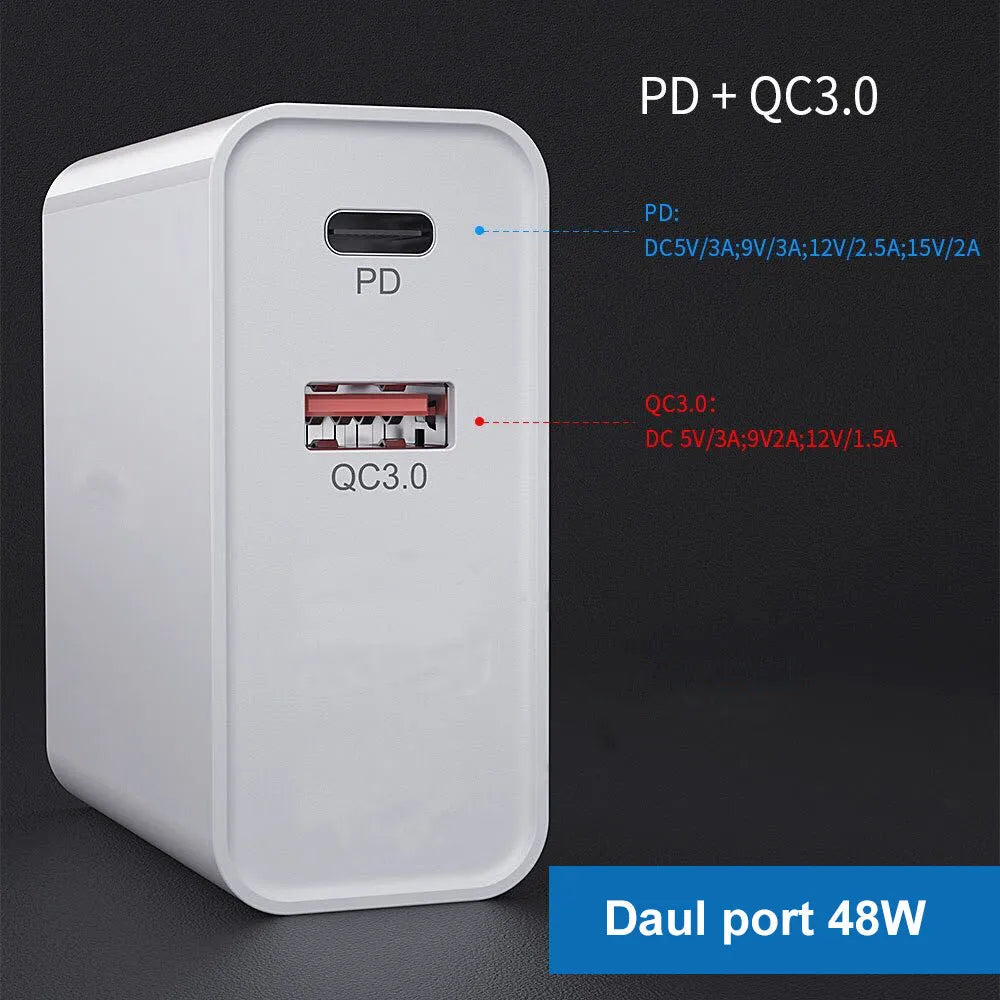 White multi-port fast charger with PD and QC support showing multiple USB ports.