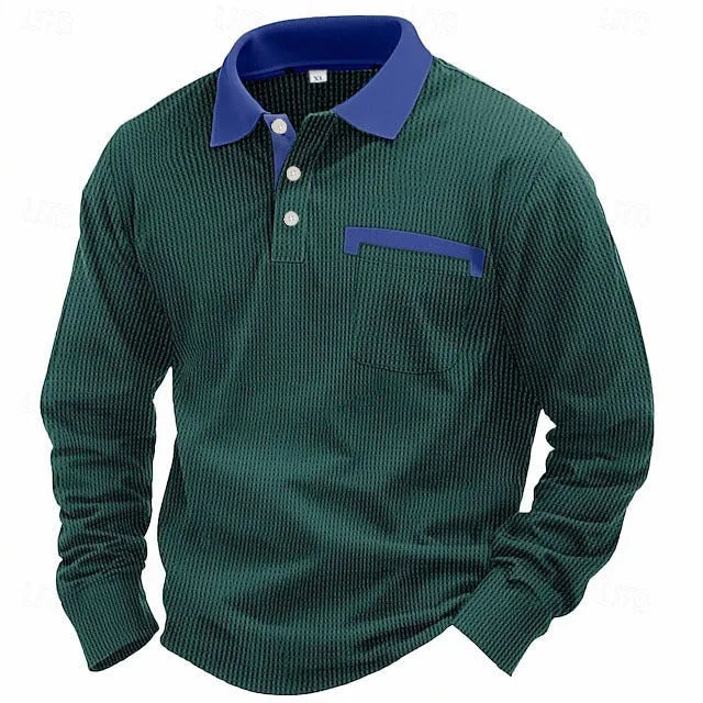 Men's long-sleeved waffle polo shirt in solid colour with asymmetric design details