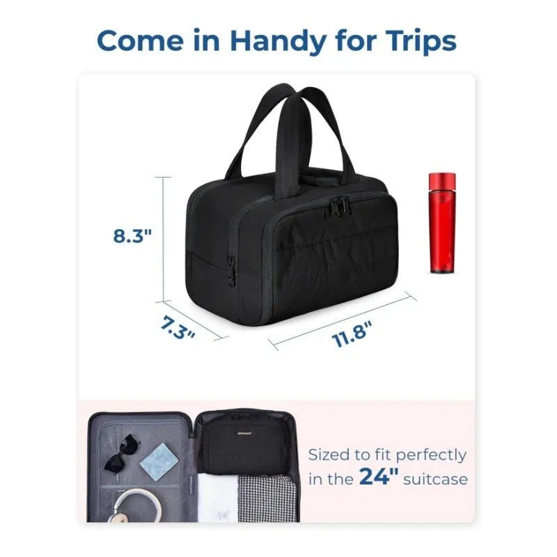 Large lightweight travel toiletry bag in black with wide opening, showing fluffy polyester material.