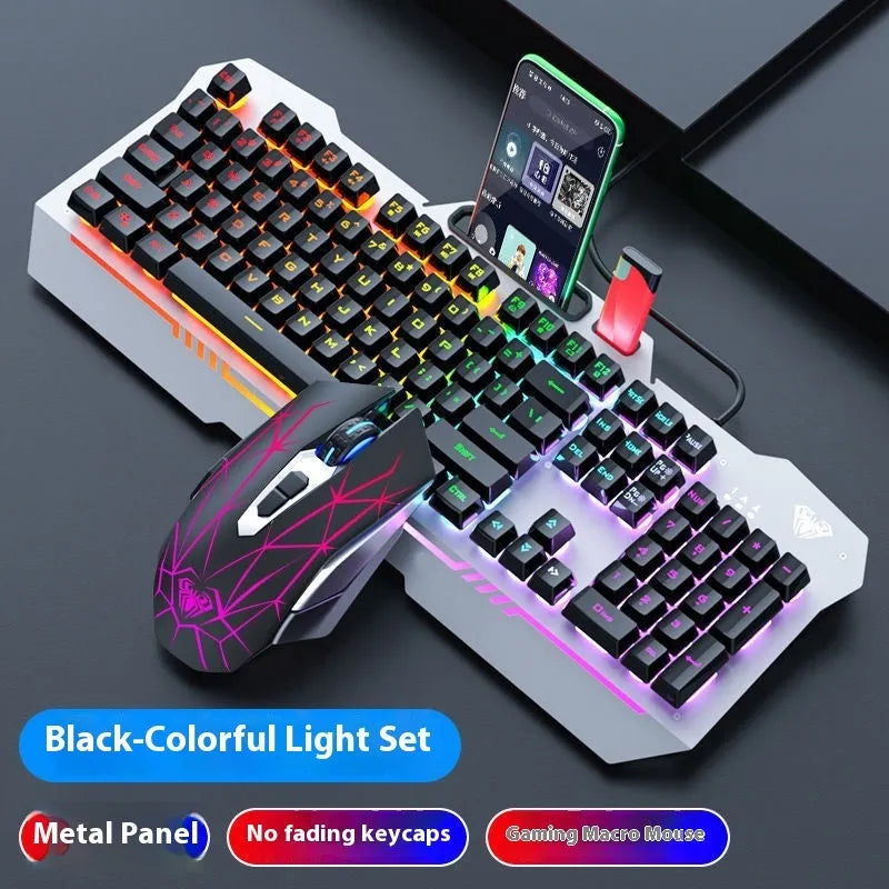 F3010 black and white metal gaming keyboard, mouse, and headset bundle with single-colour LED backlighting.