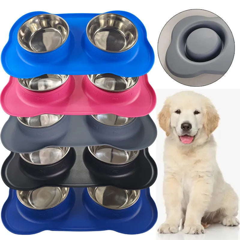 Large double pet bowl with stainless steel inner and silicone outer in black, blue, pink, silver gray or sky blue