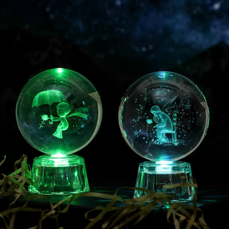 White crystal ball ornament with inner carving on fixed base for tabletop display