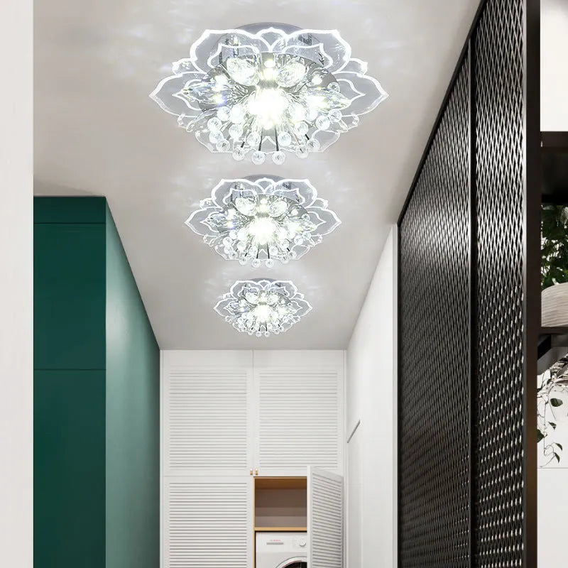 Modern minimalist crystal ceiling lamp with flower shaped shade in stainless steel and acrylic for living room