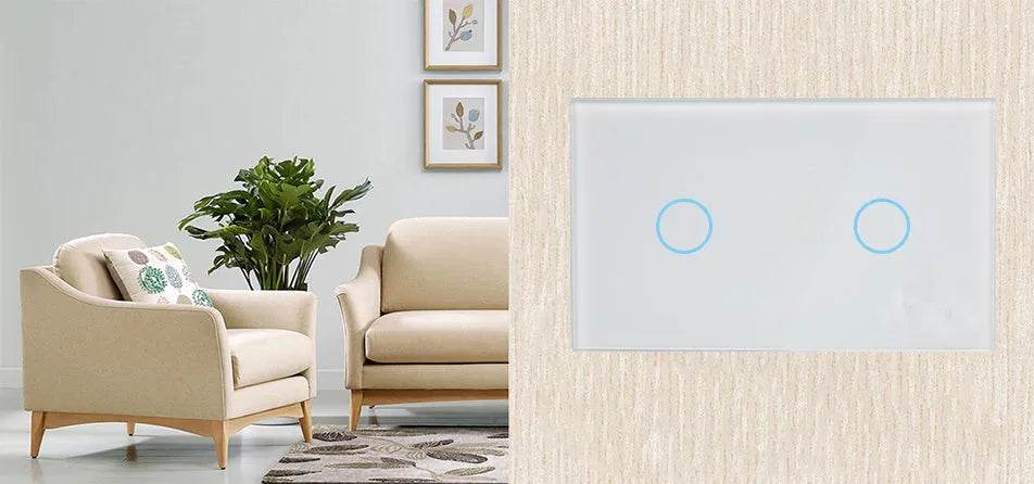 White two-gang RF touch light switch with tempered glass panel shown front on.