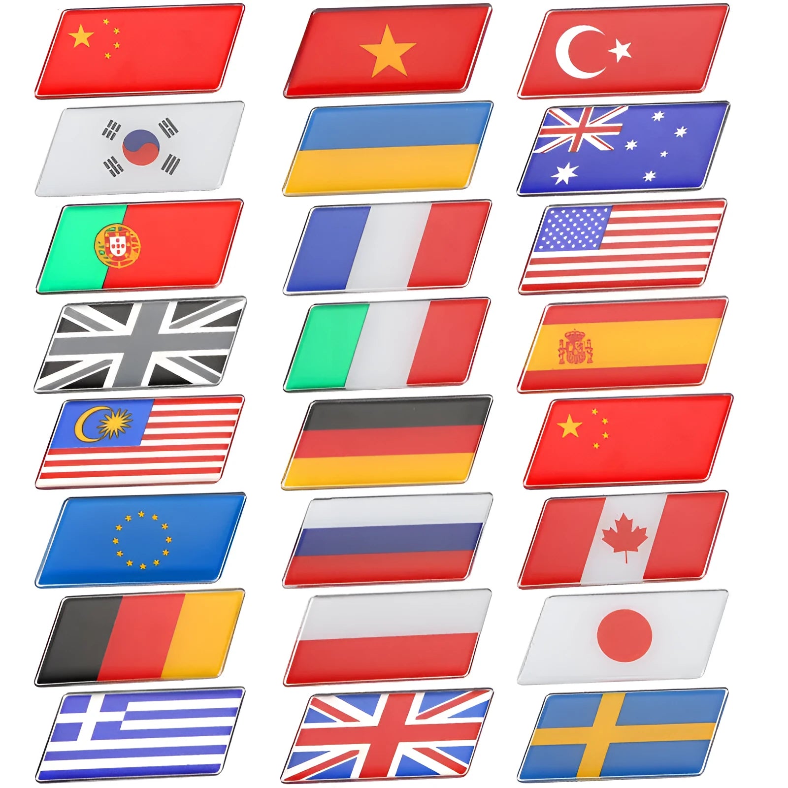 Aluminium metal car sticker with national flag design in a parallelogram shape.