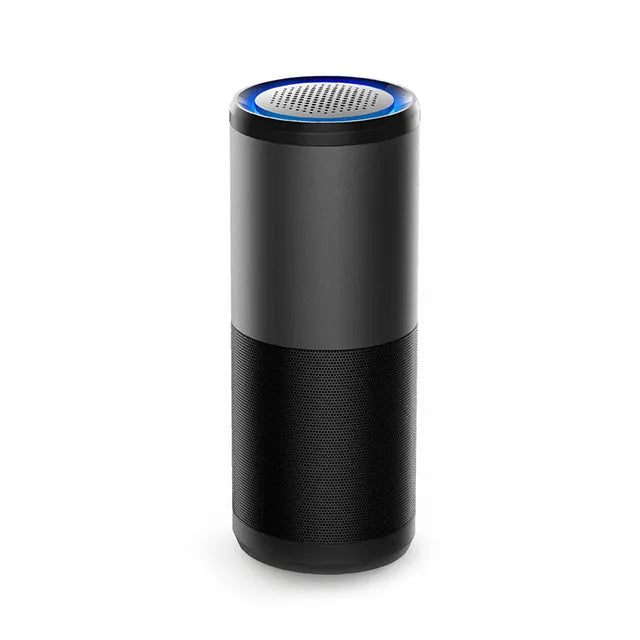 Black portable mini car air purifier with smart sensor display, measuring 6.2 by 17.2 cm