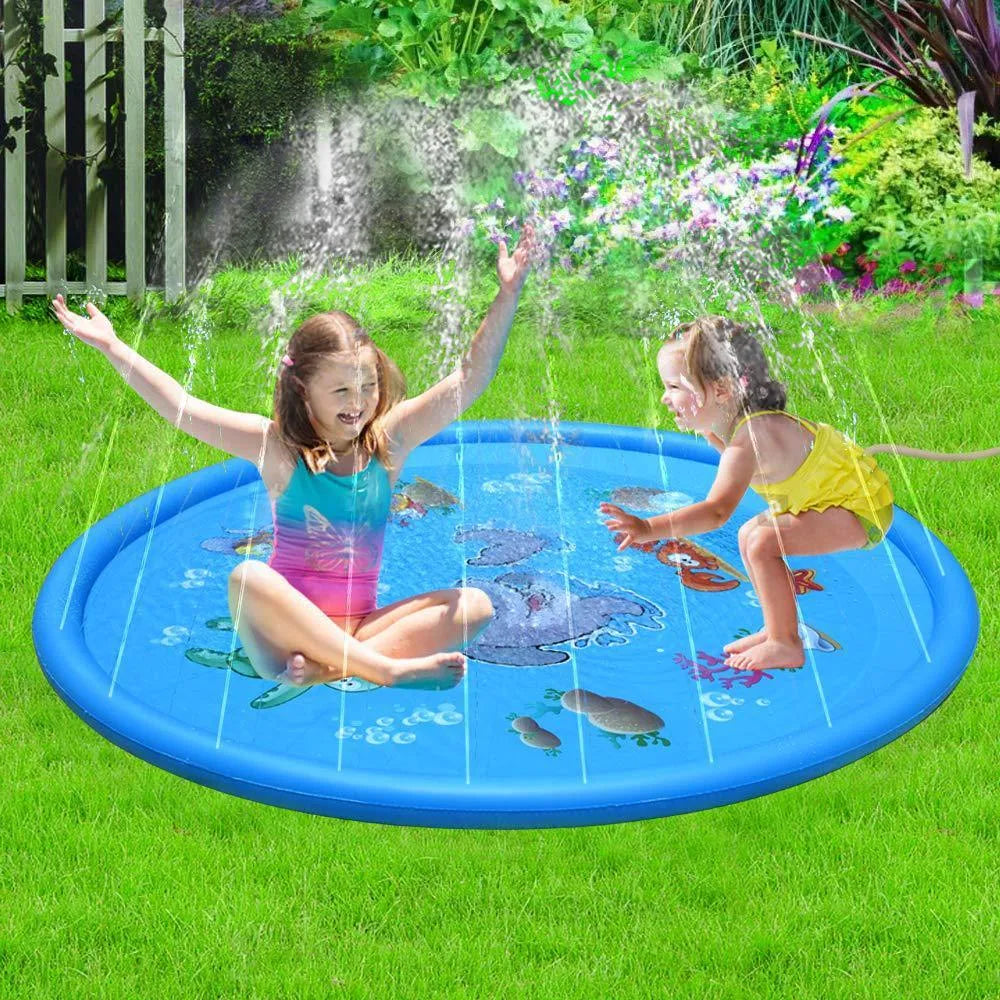 Blue PVC children's water spray play mat with marine animal designs for garden sprinkler play