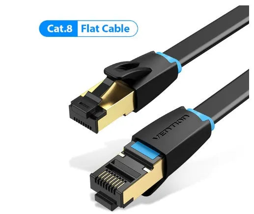 Cat8 shielded Ethernet network cable with RJ45 connector, available in flat and round styles.