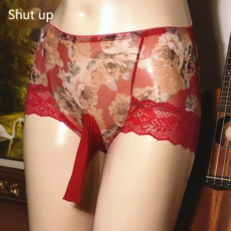 Men's printed mesh underwear in mid-waist briefs style with ice silk fabric