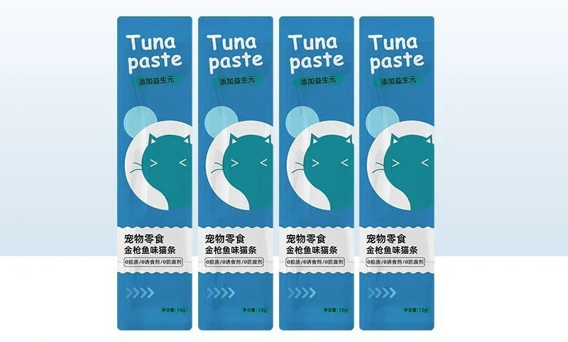 Pack of cat strip snacks showing four flavour varieties for adult cats