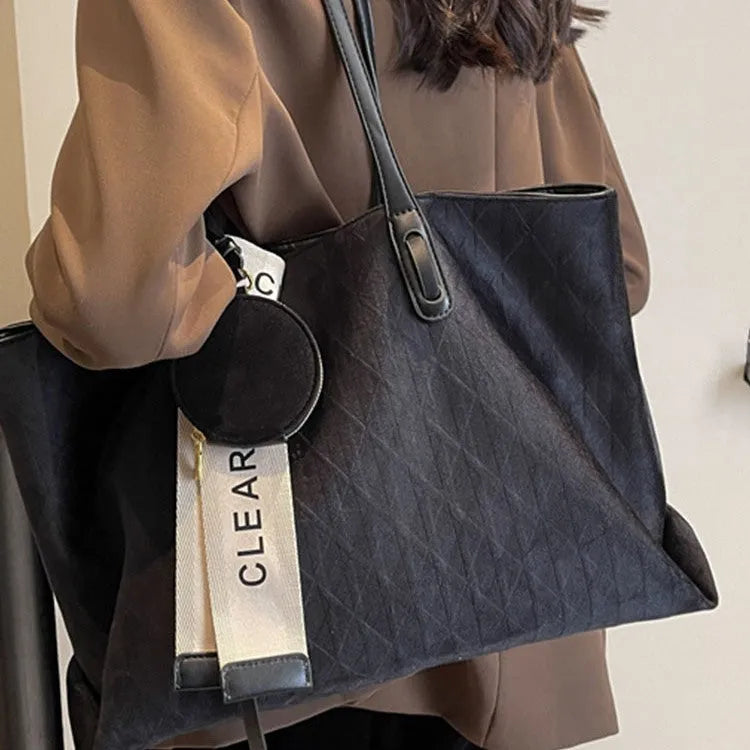 Large capacity soft polyester shoulder tote bag in horizontal square shape with sandwich pockets
