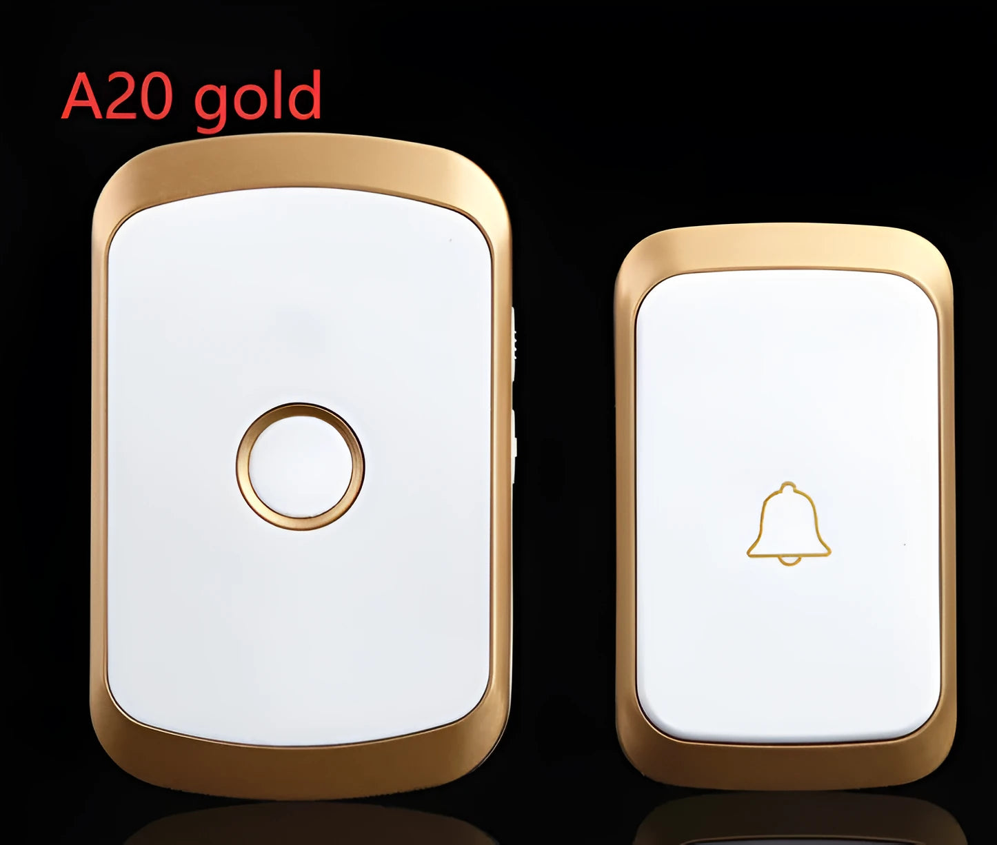 Wireless doorbell system with push-button transmitter and plug-in receiver unit showing 300m range and 36 melody options