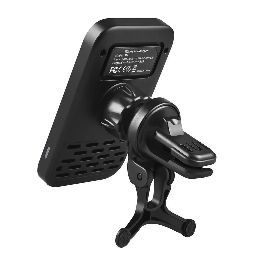 Black M6 magnetic wireless car charger bracket mounted on vehicle dashboard charging smartphone