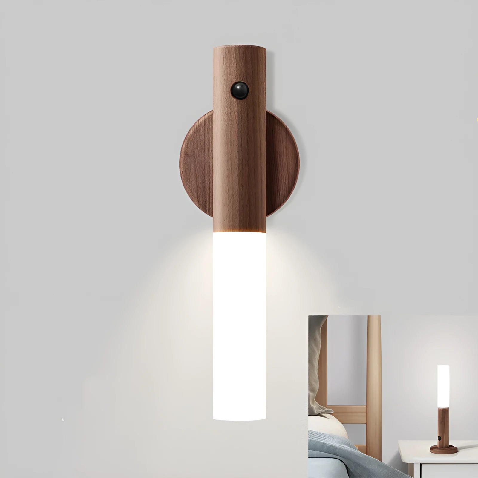Compact smart sensor LED desk lamp made of solid wood and organic glass in coffee colour.