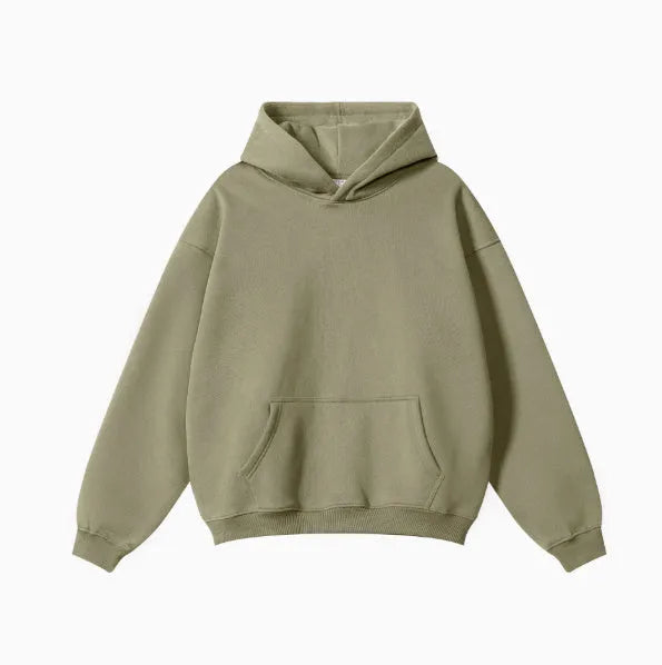 A loose-fit men's hooded sweater in 450g terry cotton with drop shoulders, shown in a solid colour.