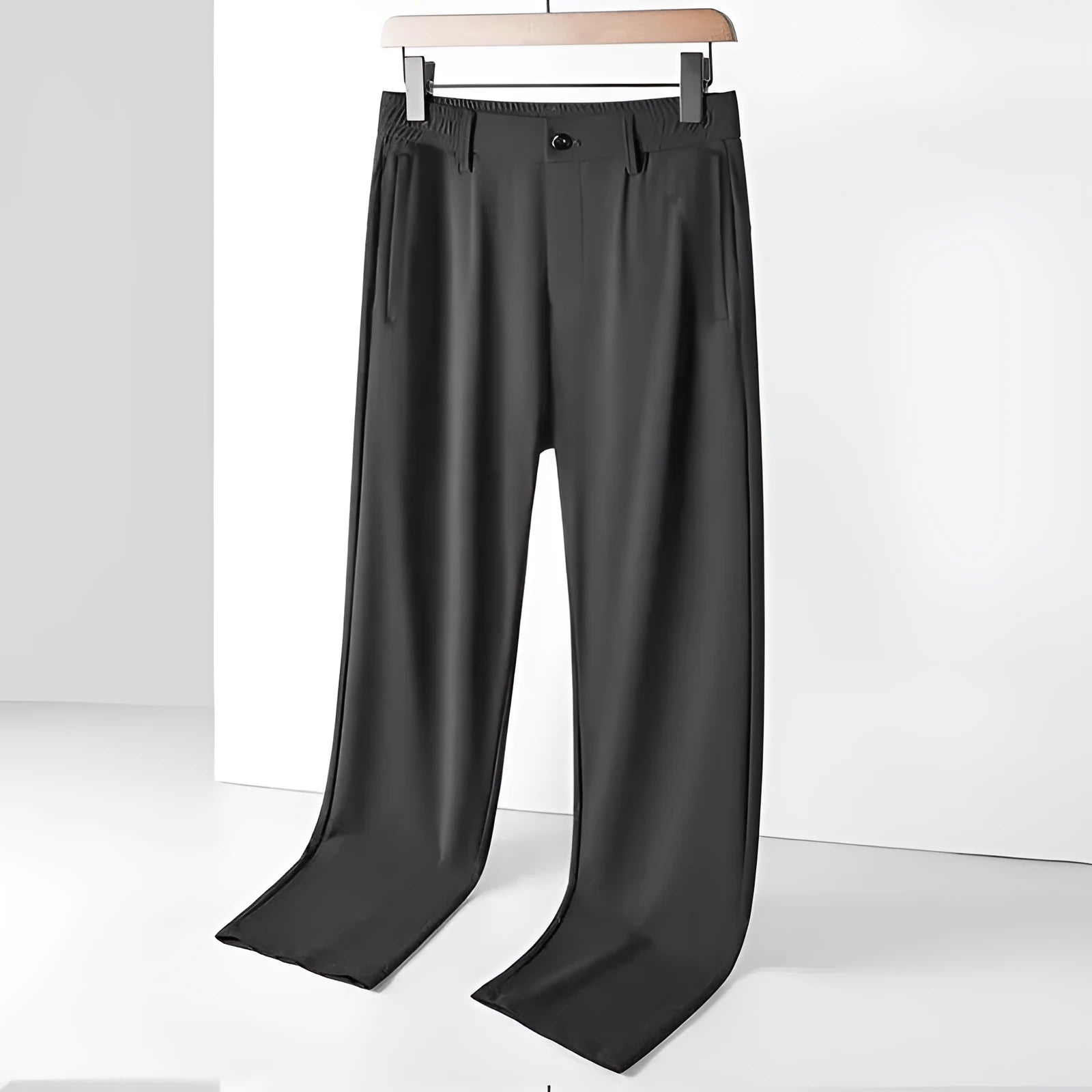 Men's ice silk straight loose trousers with elastic waist in black colour