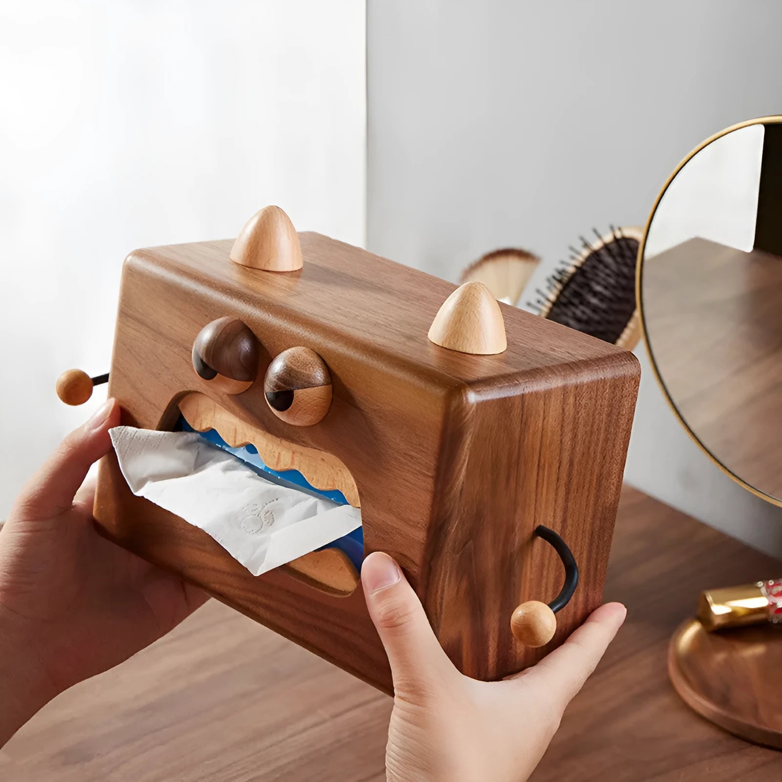 Little Monster cartoon design wooden tissue box in walnut beech colour, 190mm long.