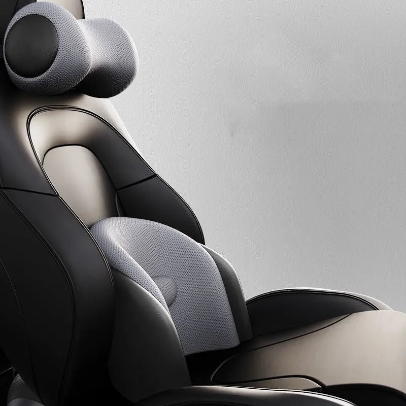 Modular car massage cushion with separate memory cotton headrest and lumbar support units in grey.