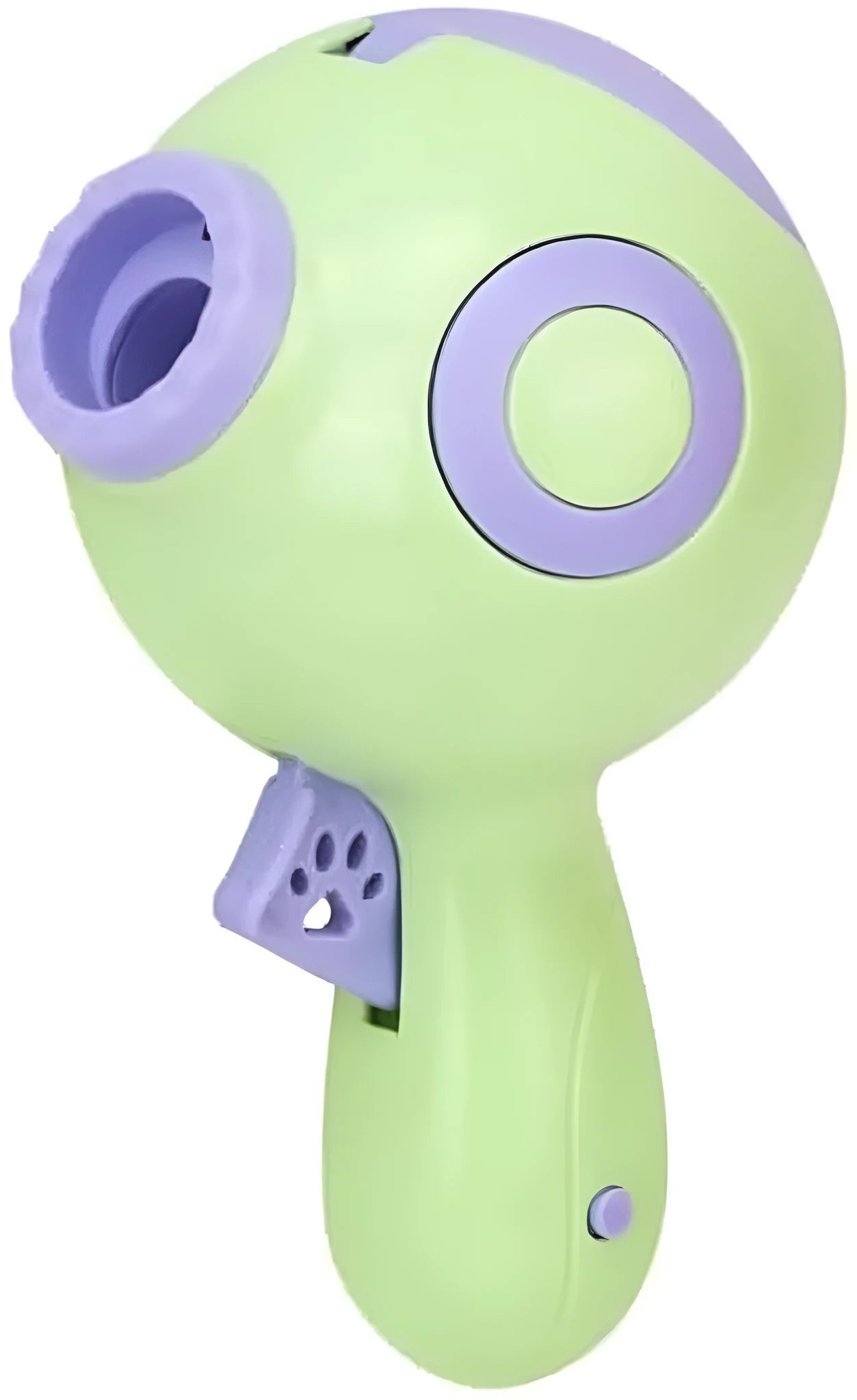 Green, orange, and pink ABS plastic dog treat launcher toy on a white background.