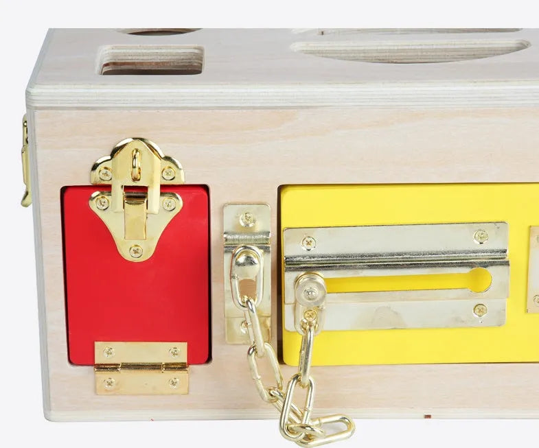 Wooden shape sorter lock box with 12 eco-friendly non-toxic pieces for preschool learning