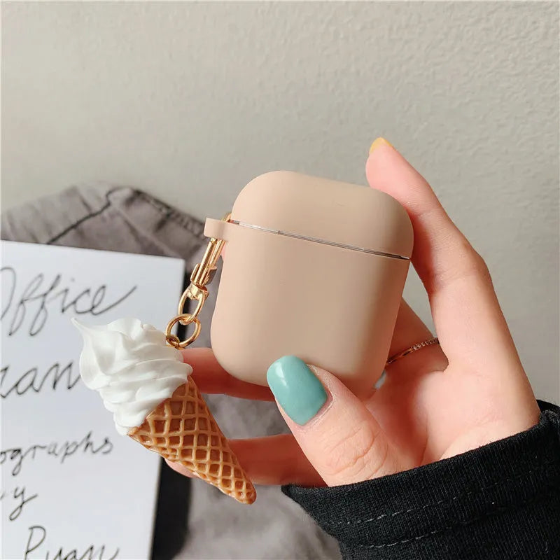 Colourful silicone protector case for Apple AirPods 2 with an ice cream cylinder swirl design.