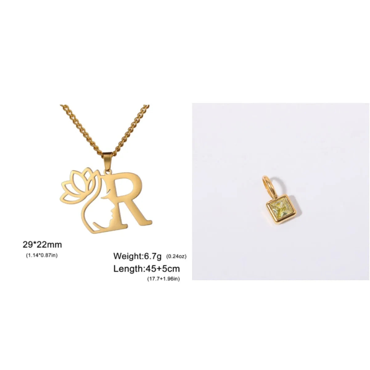 Stainless steel necklace with a single alphabet letter pendant on a cross chain, in gold or silver colour.
