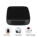 Black universal infrared remote control with voice command and WiFi connectivity.