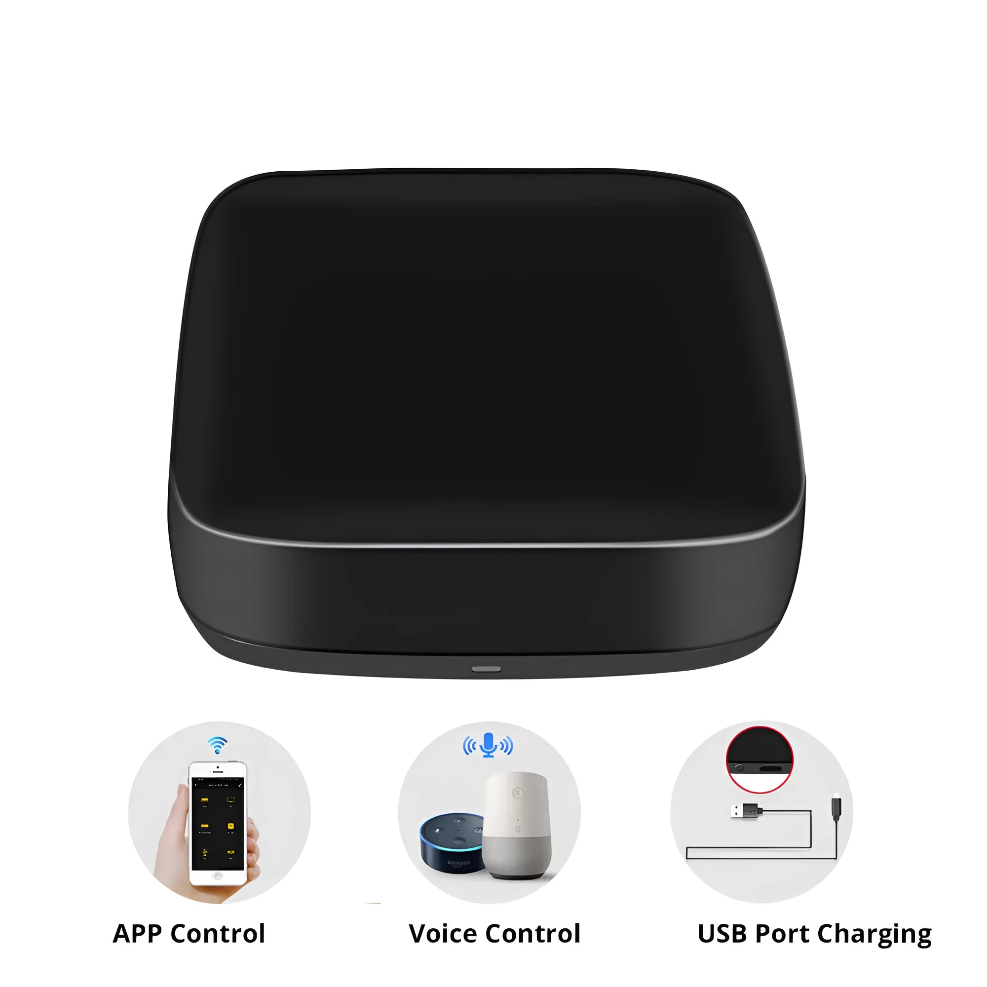 Black universal infrared remote control with voice command and WiFi connectivity.