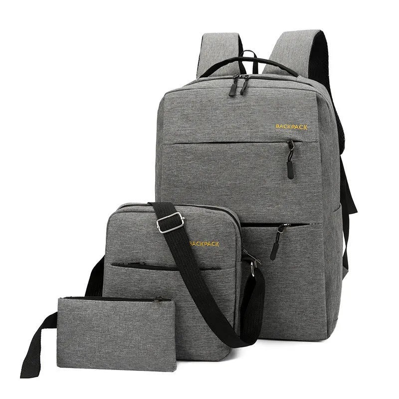 Men's USB charging three-piece casual computer bag set in nylon, shown in wine red colour.